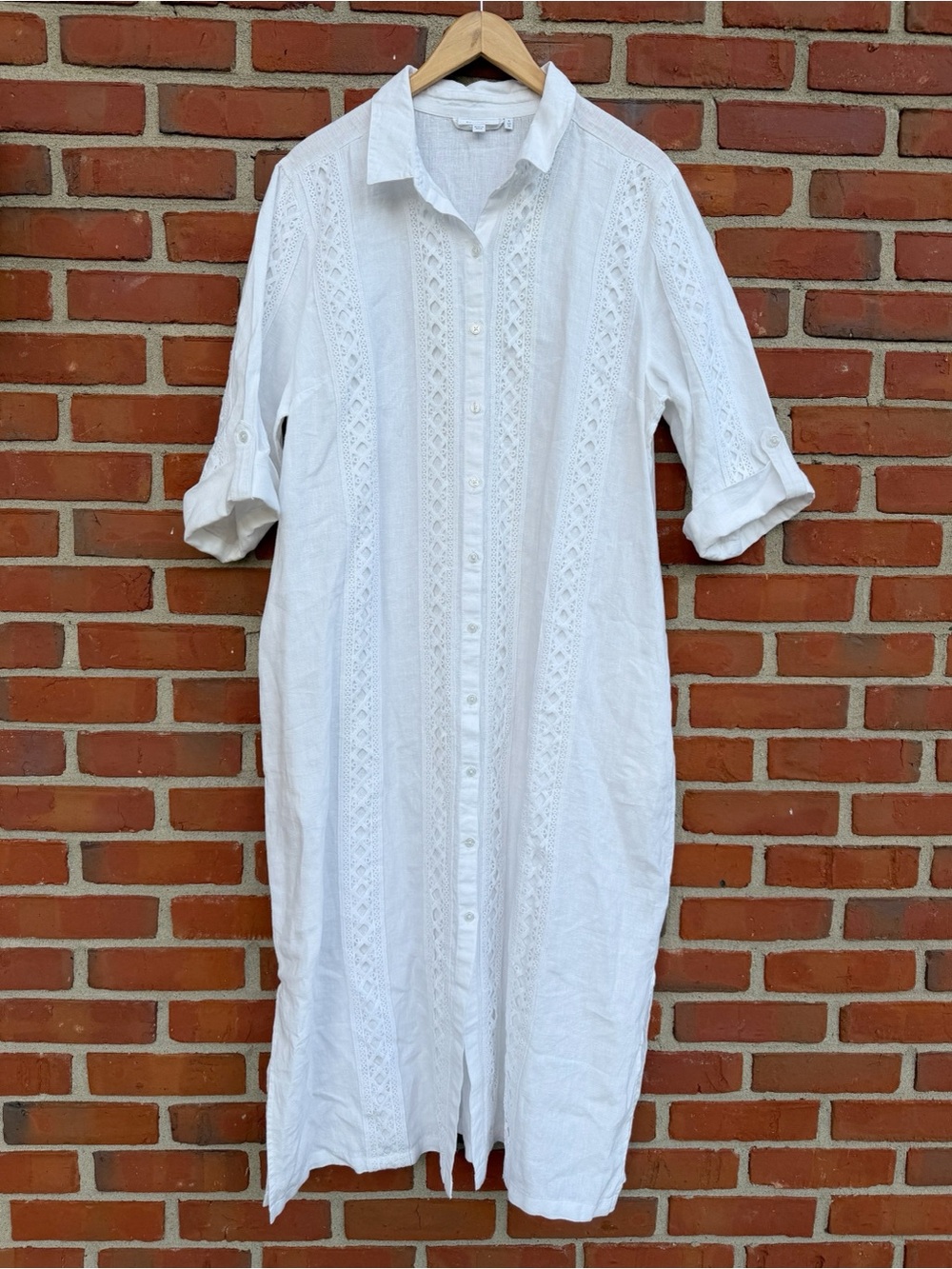 Chico’s White Button-Front Lattice Detail Linen Shirt Dress
